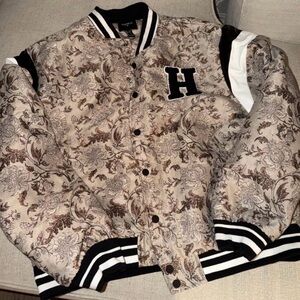 Forever 21 Beige and Black Floral Bomber Jacket